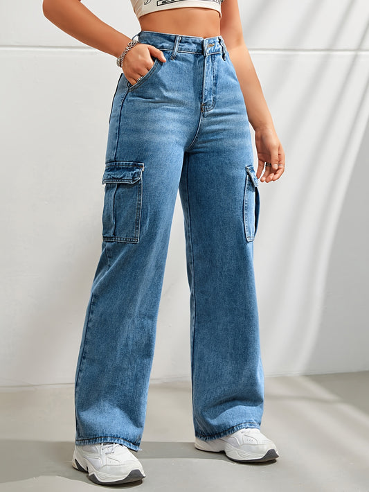 Women's Casual Wide Leg Denim Cargo Pants, Fashion Plain Jeans With Side Pockets, High Waist And Relaxed Fit For Fall