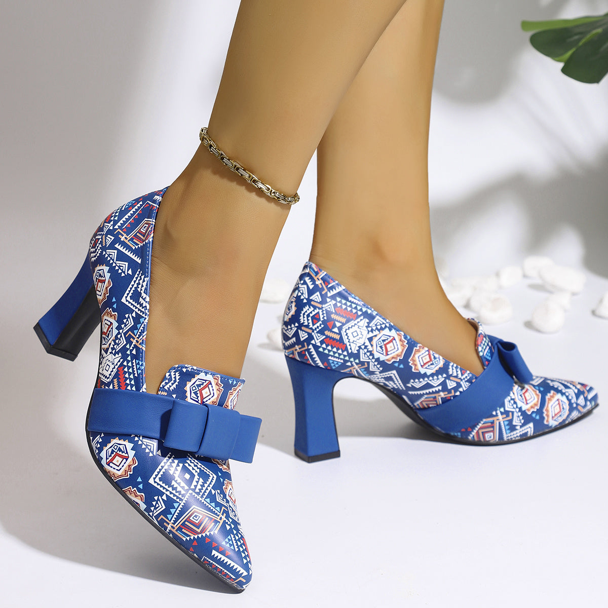 Chic Blue Pointed-Toe Mary Jane Pumps for Women - Faux Cover with Bowknot, Comfortable Chunky Heel, Versatile Slip-On Dress Shoes