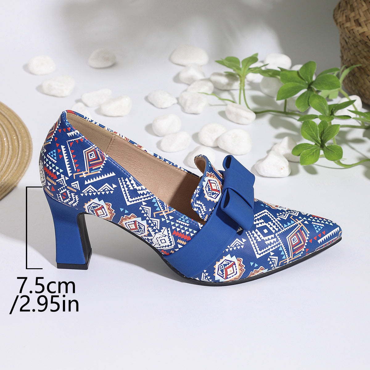 Chic Blue Pointed-Toe Mary Jane Pumps for Women - Faux Cover with Bowknot, Comfortable Chunky Heel, Versatile Slip-On Dress Shoes