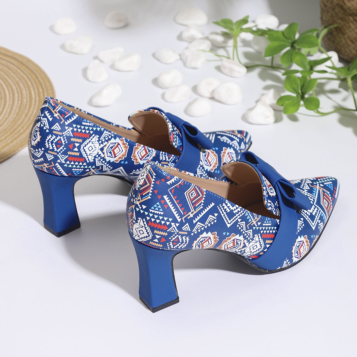 Chic Blue Pointed-Toe Mary Jane Pumps for Women - Faux Cover with Bowknot, Comfortable Chunky Heel, Versatile Slip-On Dress Shoes