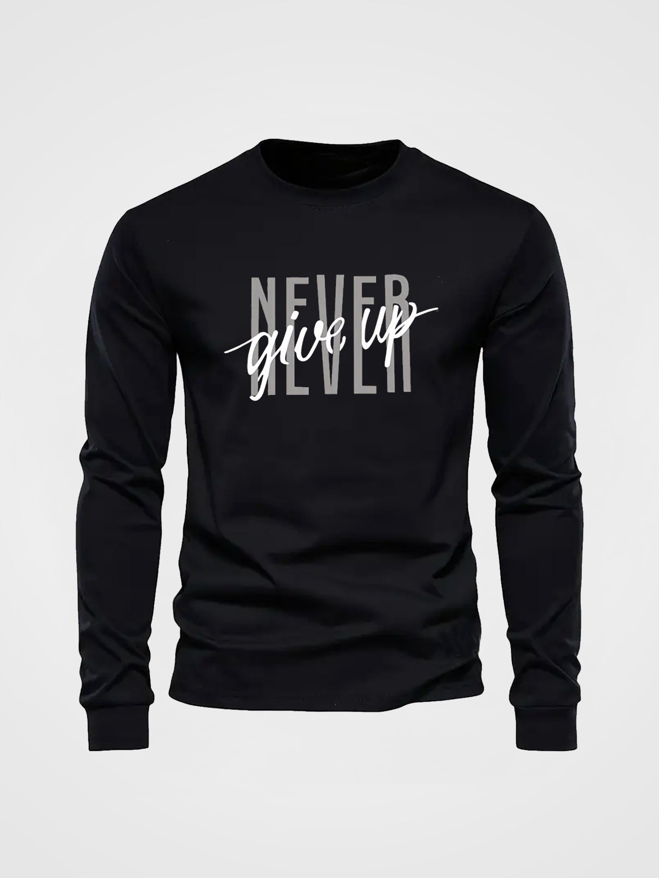 "Never Give Up" Letter Print Long Sleeve T-Shirt for Men - Casual, Autumn/Winter Wear, Cotton Knit, Adult Size, Round Neck, Solid Color, Ribbed Hem