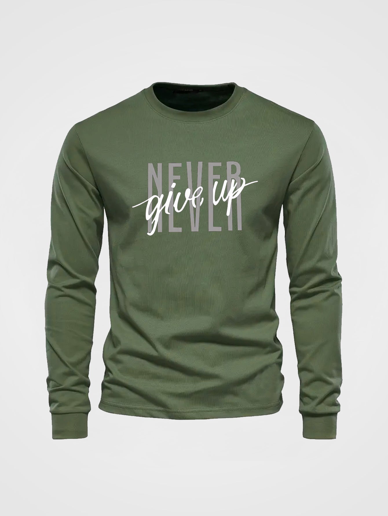 "Never Give Up" Letter Print Long Sleeve T-Shirt for Men - Casual, Autumn/Winter Wear, Cotton Knit, Adult Size, Round Neck, Solid Color, Ribbed Hem