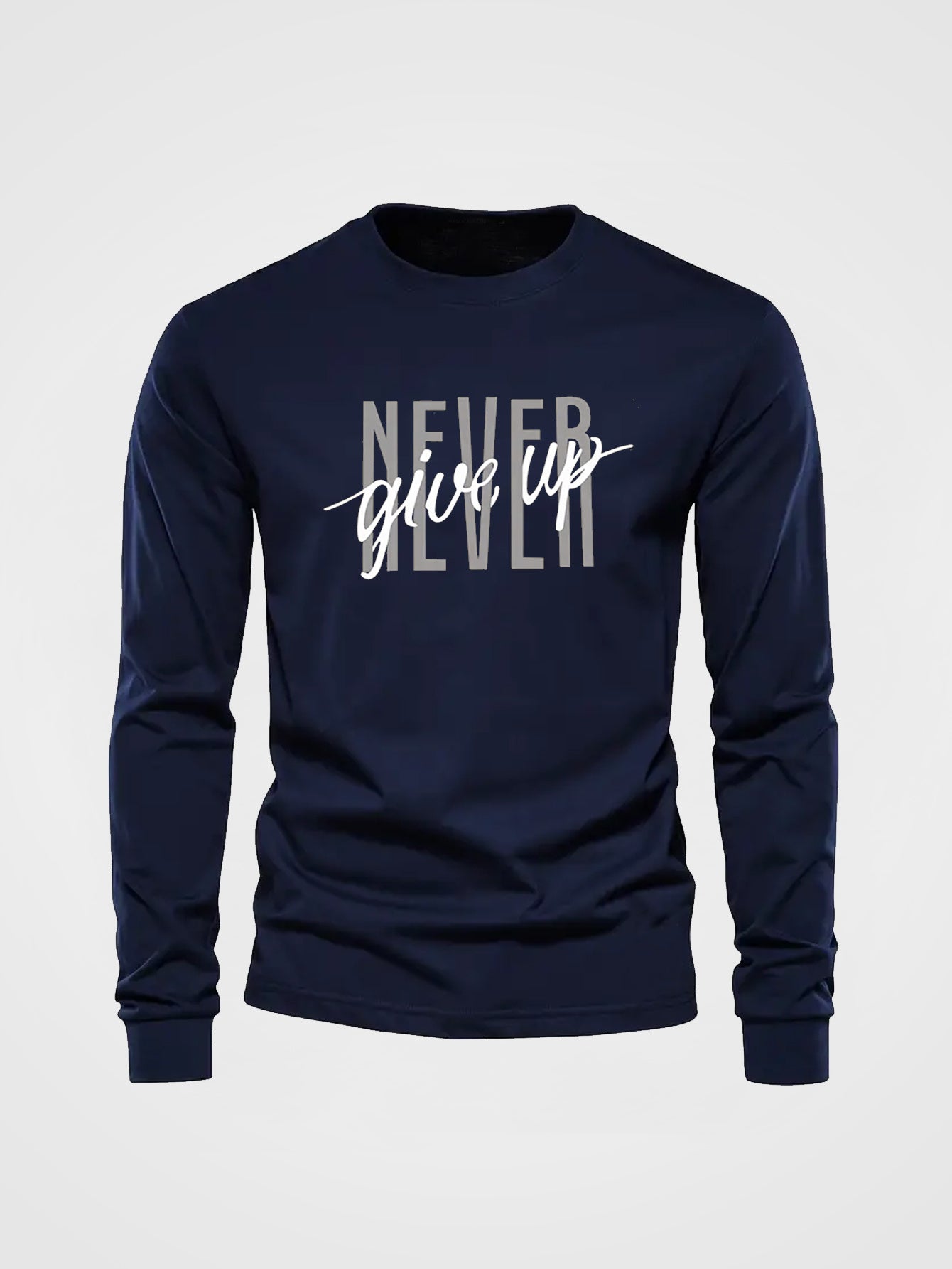 "Never Give Up" Letter Print Long Sleeve T-Shirt for Men - Casual, Autumn/Winter Wear, Cotton Knit, Adult Size, Round Neck, Solid Color, Ribbed Hem