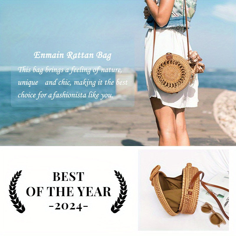 Chic Handwoven Round Women's Shoulder Bag - Adjustable Strap, Polyester Lined, Perfect For Beach & Vacation