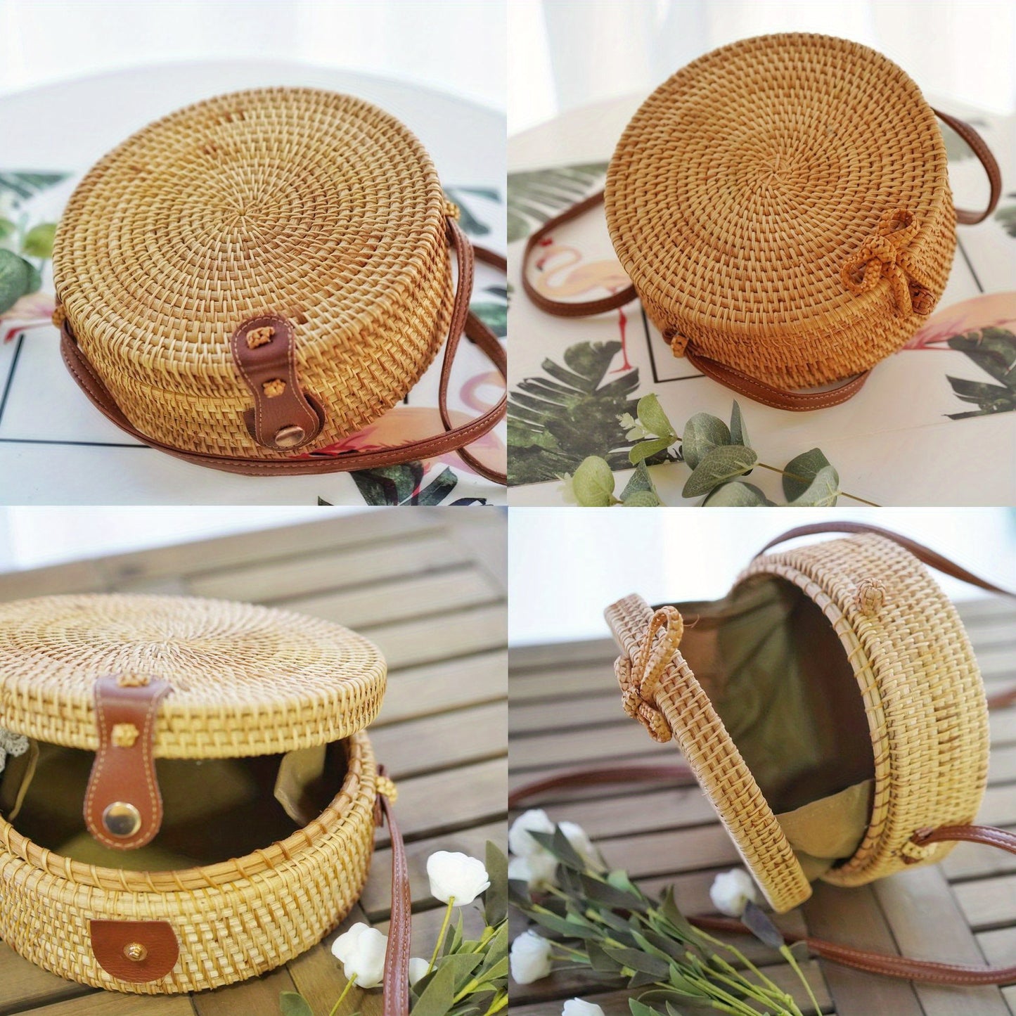 Chic Handwoven Round Women's Shoulder Bag - Adjustable Strap, Polyester Lined, Perfect For Beach & Vacation