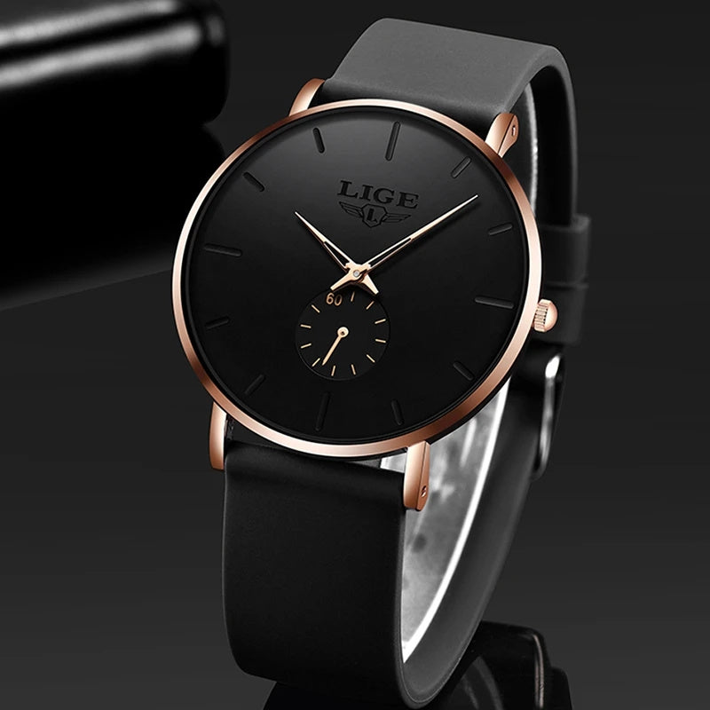 LIGE Ultra-Thin Quartz Watch for Men & Women - Classic, with Silicone Strap - Perfect Birthday or Christmas Gift