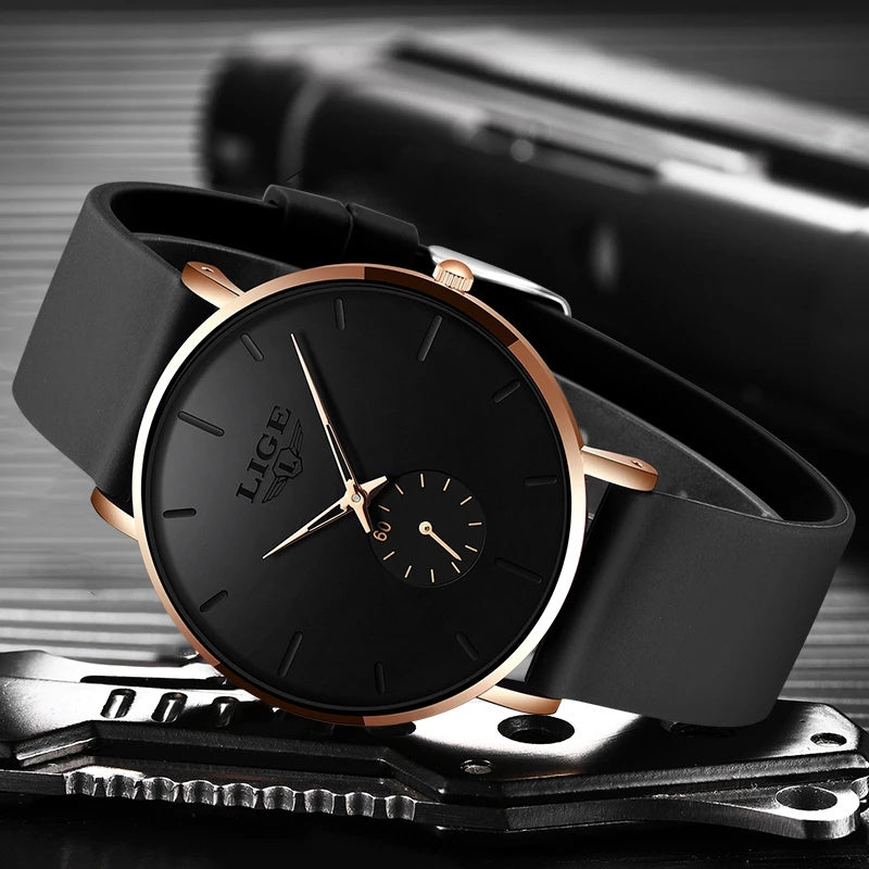 LIGE Ultra-Thin Quartz Watch for Men & Women - Classic, with Silicone Strap - Perfect Birthday or Christmas Gift