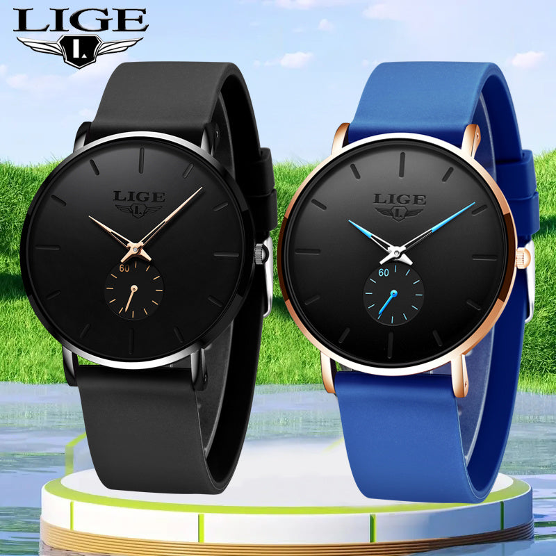 LIGE Ultra-Thin Quartz Watch for Men & Women - Classic, with Silicone Strap - Perfect Birthday or Christmas Gift