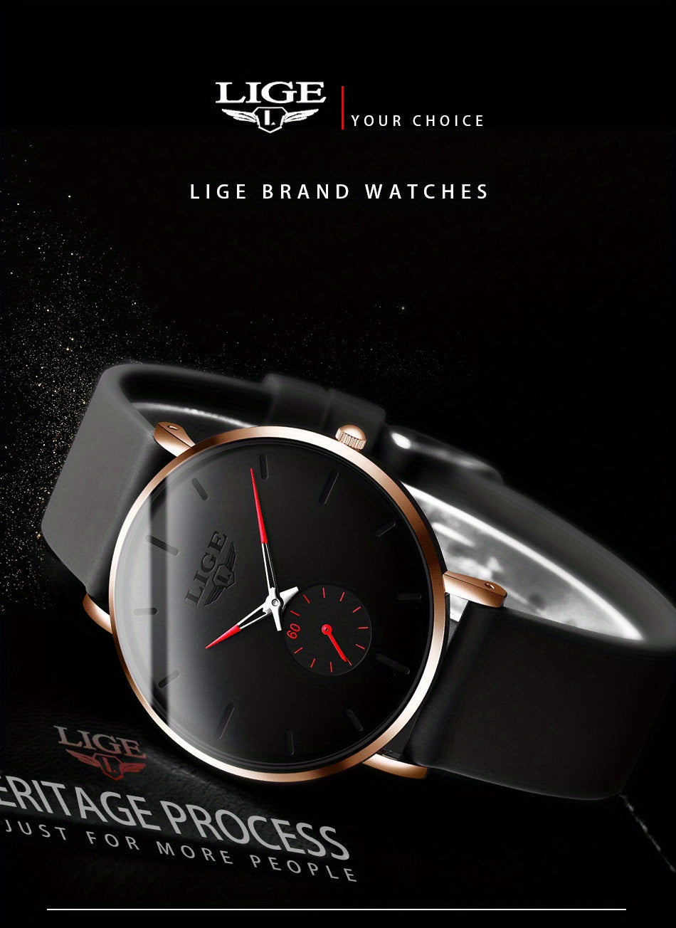 LIGE Ultra-Thin Quartz Watch for Men & Women - Classic, with Silicone Strap - Perfect Birthday or Christmas Gift