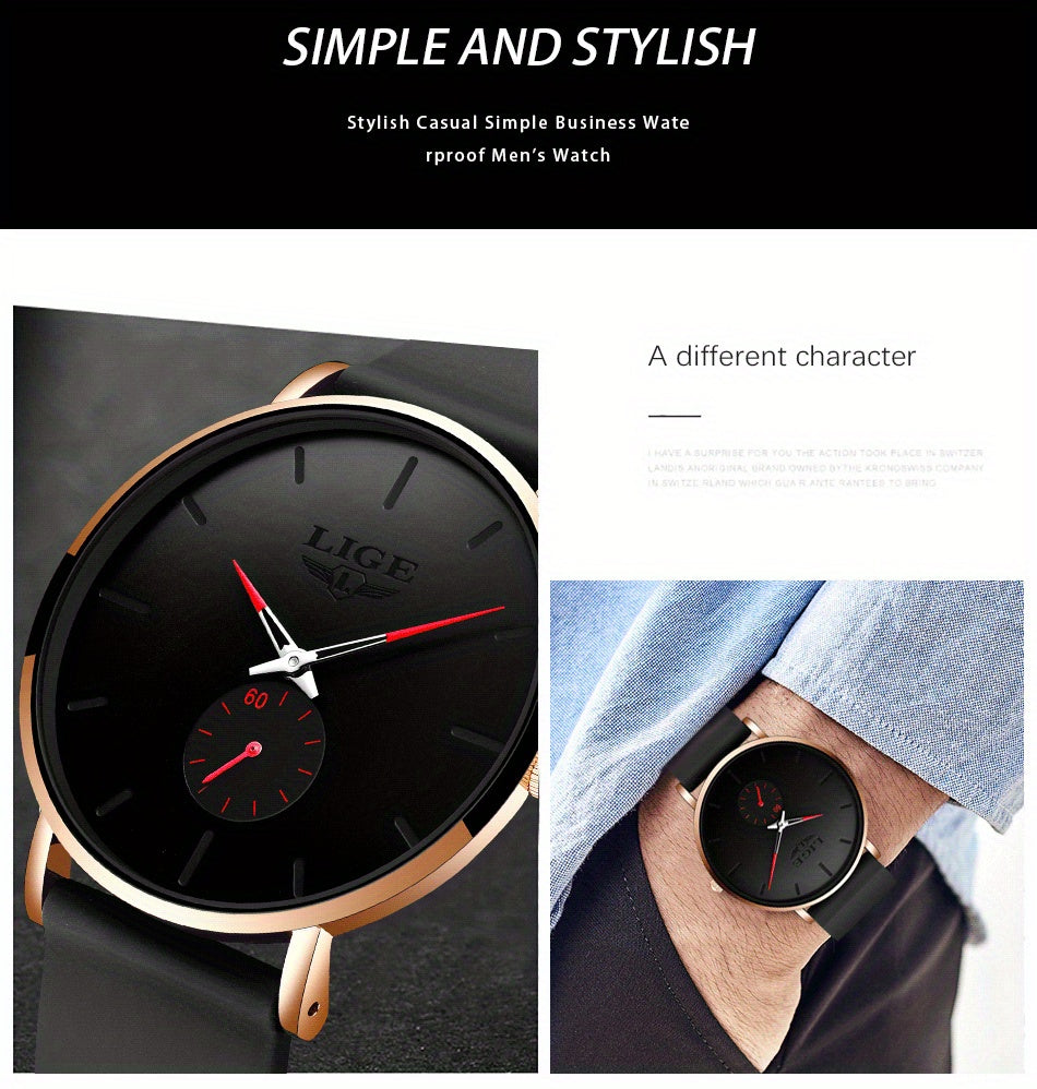 LIGE Ultra-Thin Quartz Watch for Men & Women - Classic, with Silicone Strap - Perfect Birthday or Christmas Gift