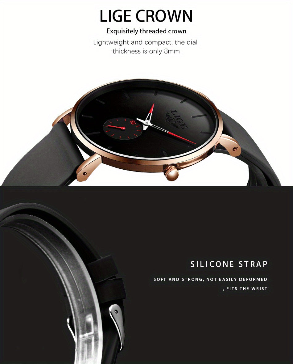 LIGE Ultra-Thin Quartz Watch for Men & Women - Classic, with Silicone Strap - Perfect Birthday or Christmas Gift