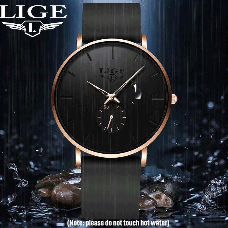 LIGE 2024 New Fashion Minimalist Women/ Men's Watch. Classic Ultra-Thin wristwatch with Silicone Strap. Waterproof Quartz Watches suitable for Birthday/ Christmas gift