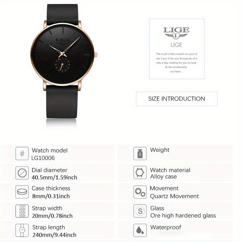 LIGE 2024 New Fashion Minimalist Women/ Men's Watch. Classic Ultra-Thin wristwatch with Silicone Strap. Waterproof Quartz Watches suitable for Birthday/ Christmas gift