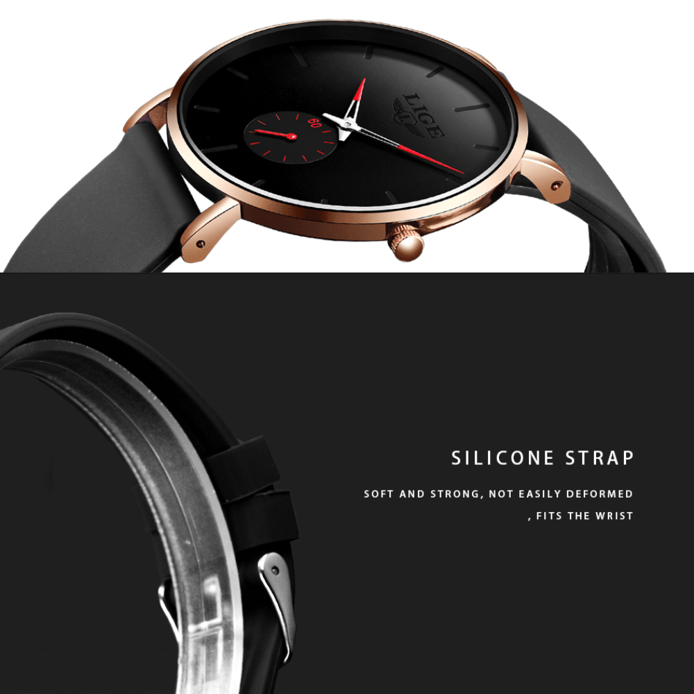 LIGE 2024 New Fashion Minimalist Women/ Men's Watch. Classic Ultra-Thin wristwatch with Silicone Strap. Waterproof Quartz Watches suitable for Birthday/ Christmas gift