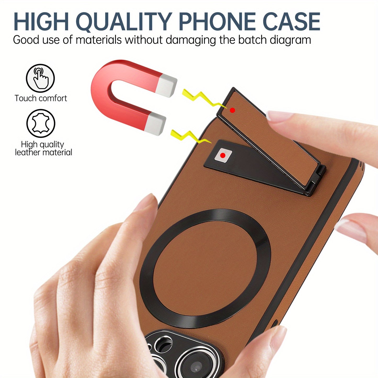 Luxury Stand Lambskin case for iPhone 15 11Pro Max 14 Pro 13 12, hybrid leather TPU shockproof support wireless charging magnetic stand protective case, anti-drop soft back cover skin