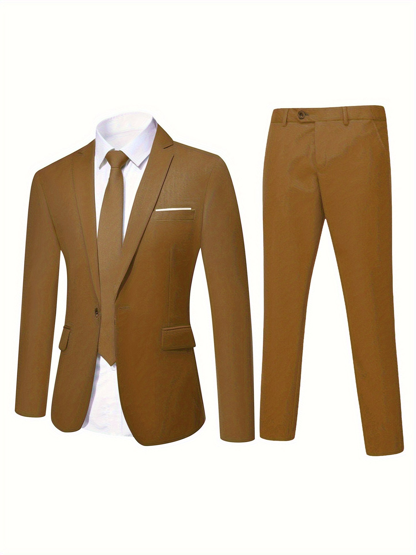 Men's Sleek Two-Piece Suit Set: One-Button Blazer & Dress Pants - Solid Color, Viscose/Polyester Blend, Non-Stretch Fabric, Perfect for Business Casual or Formal Occasions