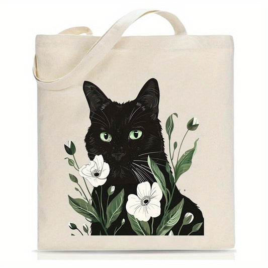 Tote Canvas Storage Bag, Black Cat Pattern, Double Sided Printing, Beautiful Shoulder Bag, Beach Bag, Reusable Large Shopping Bag - Christmas, Teacher, Mom Gift, ins, Simple Illustration Style