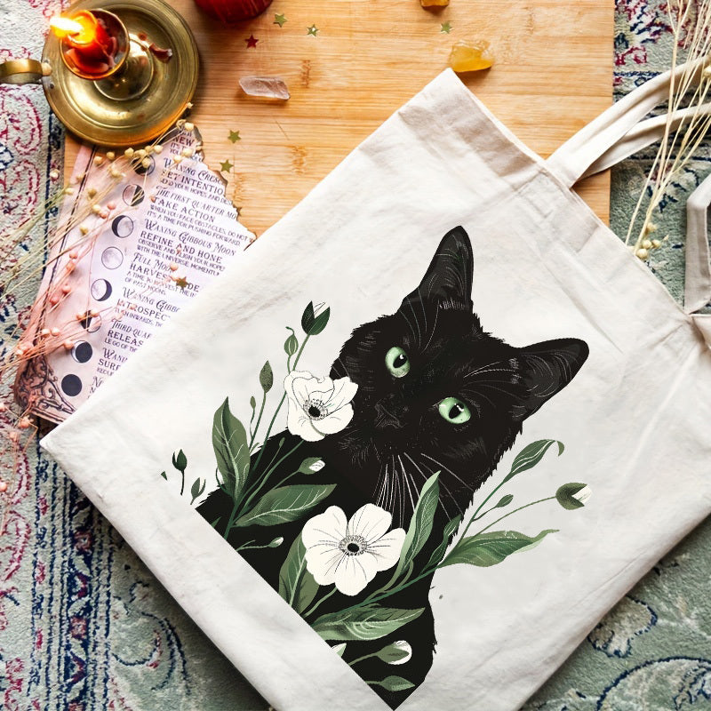 Tote Canvas Storage Bag, Black Cat Pattern, Double Sided Printing, Beautiful Shoulder Bag, Beach Bag, Reusable Large Shopping Bag - Christmas, Teacher, Mom Gift, ins, Simple Illustration Style