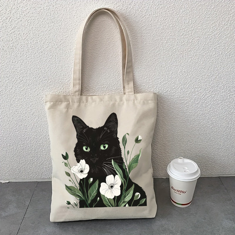 Tote Canvas Storage Bag, Black Cat Pattern, Double Sided Printing, Beautiful Shoulder Bag, Beach Bag, Reusable Large Shopping Bag - Christmas, Teacher, Mom Gift, ins, Simple Illustration Style