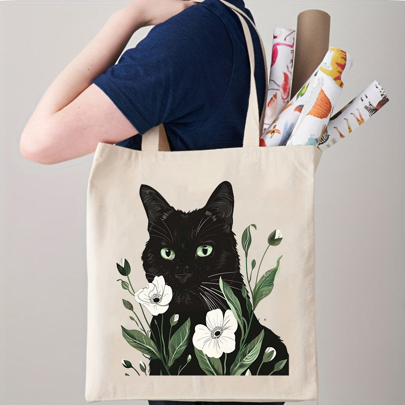 Tote Canvas Storage Bag, Black Cat Pattern, Double Sided Printing, Beautiful Shoulder Bag, Beach Bag, Reusable Large Shopping Bag - Christmas, Teacher, Mom Gift, ins, Simple Illustration Style