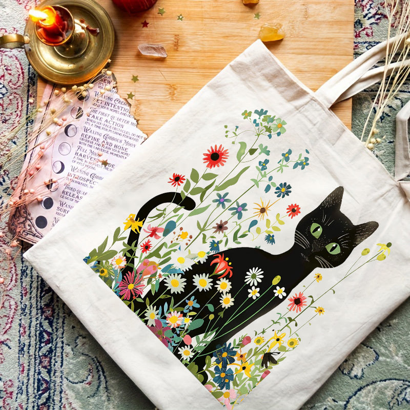 Tote Canvas Storage Bag, Black Cat Pattern, Double Sided Printing, Beautiful Shoulder Bag, Beach Bag, Reusable Large Shopping Bag - Christmas, Teacher, Mom Gift, ins, Simple Illustration Style