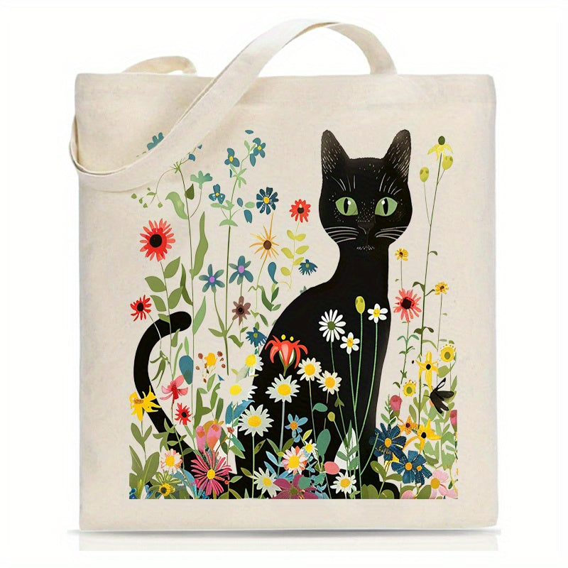 Tote Canvas Storage Bag, Black Cat Pattern, Double Sided Printing, Beautiful Shoulder Bag, Beach Bag, Reusable Large Shopping Bag - Christmas, Teacher, Mom Gift, ins, Simple Illustration Style