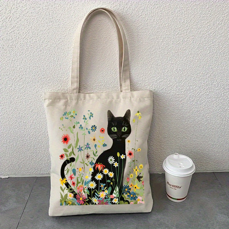 Tote Canvas Storage Bag, Black Cat Pattern, Double Sided Printing, Beautiful Shoulder Bag, Beach Bag, Reusable Large Shopping Bag - Christmas, Teacher, Mom Gift, ins, Simple Illustration Style