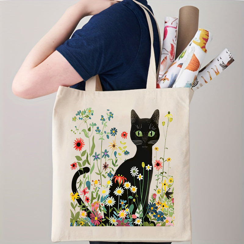 Tote Canvas Storage Bag, Black Cat Pattern, Double Sided Printing, Beautiful Shoulder Bag, Beach Bag, Reusable Large Shopping Bag - Christmas, Teacher, Mom Gift, ins, Simple Illustration Style