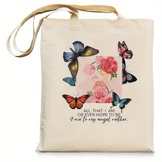 Butterfly Canvas Tote Bag with Zipper Pockets Carnation Flower Cute Tote Bag Aesthetic Reusable Shopping Grocery Bags Birthday Gifts for Women Mother Teacher Mother's Day Gift