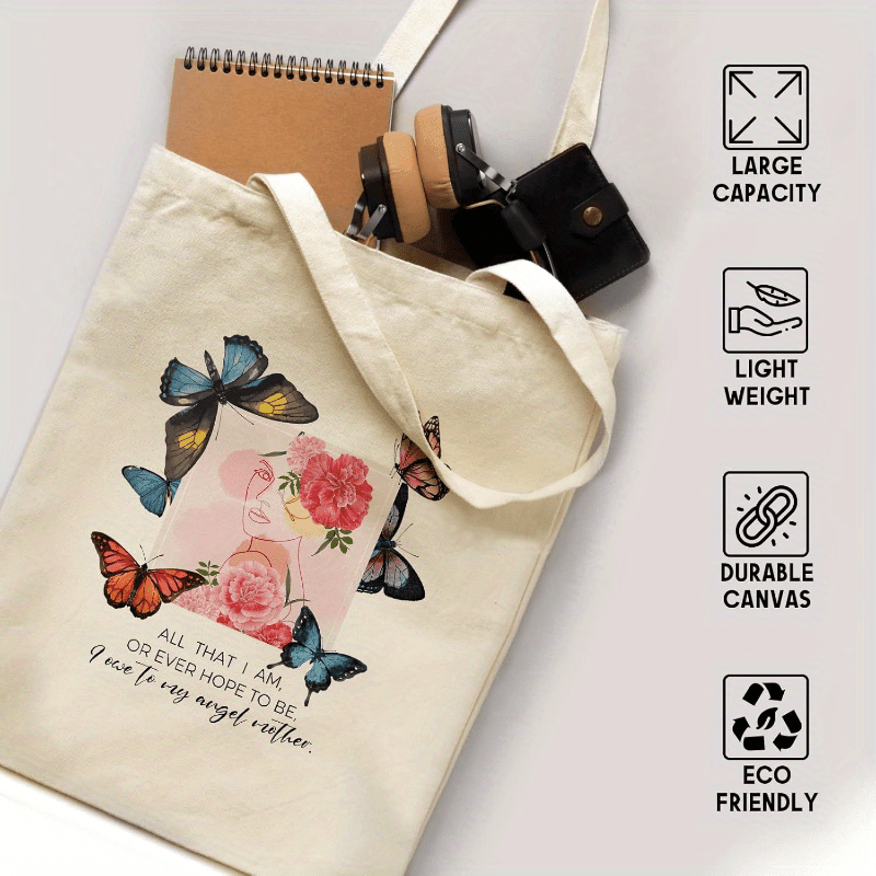 Butterfly Canvas Tote Bag with Zipper Pockets Carnation Flower Cute Tote Bag Aesthetic Reusable Shopping Grocery Bags Birthday Gifts for Women Mother Teacher Mother's Day Gift