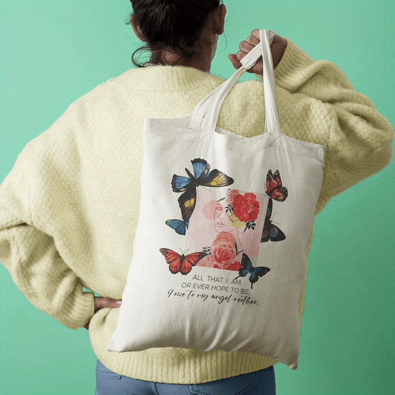 Butterfly Canvas Tote Bag with Zipper Pockets Carnation Flower Cute Tote Bag Aesthetic Reusable Shopping Grocery Bags Birthday Gifts for Women Mother Teacher Mother's Day Gift