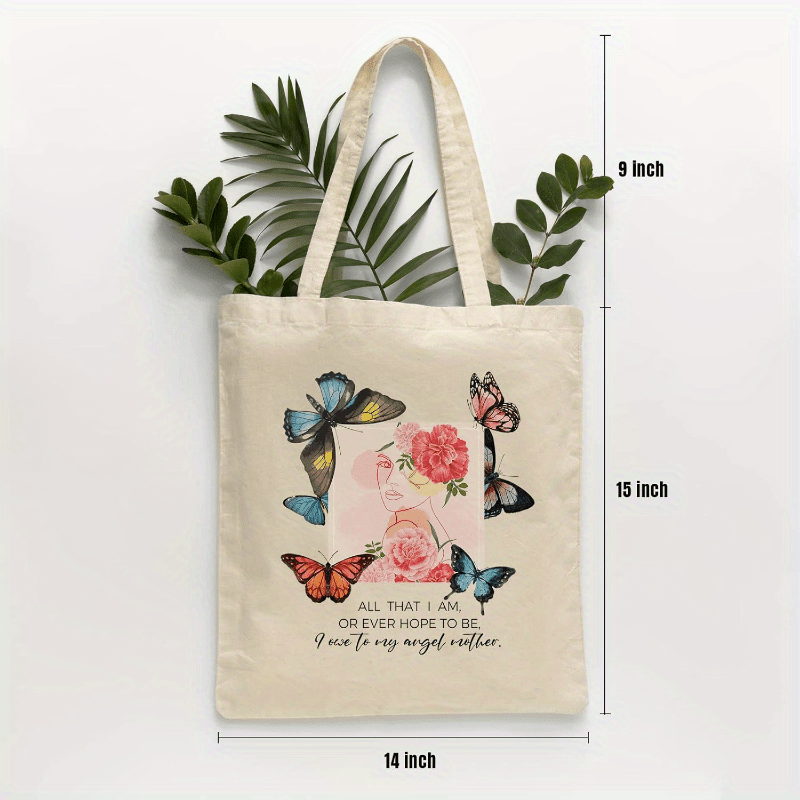 Butterfly Canvas Tote Bag with Zipper Pockets Carnation Flower Cute Tote Bag Aesthetic Reusable Shopping Grocery Bags Birthday Gifts for Women Mother Teacher Mother's Day Gift