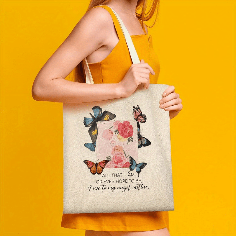 Butterfly Canvas Tote Bag with Zipper Pockets Carnation Flower Cute Tote Bag Aesthetic Reusable Shopping Grocery Bags Birthday Gifts for Women Mother Teacher Mother's Day Gift