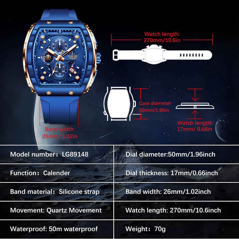 LIGE Luxury Sports Quartz Watch, Silicone Strap, Zinc Alloy Case for Men & Women