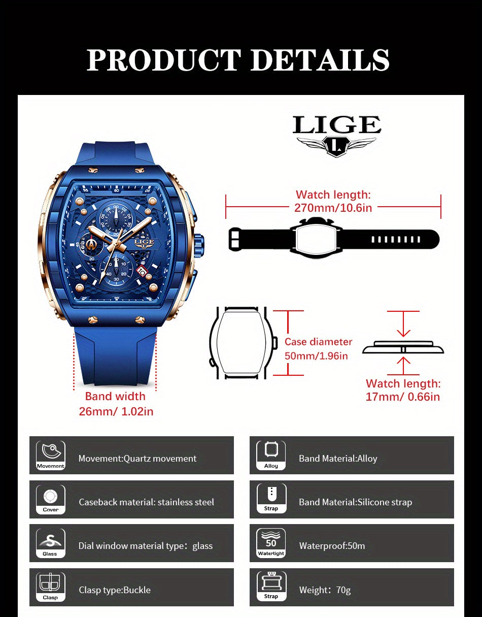 LIGE Luxury Sports Quartz Watch, Silicone Strap, Zinc Alloy Case for Men & Women