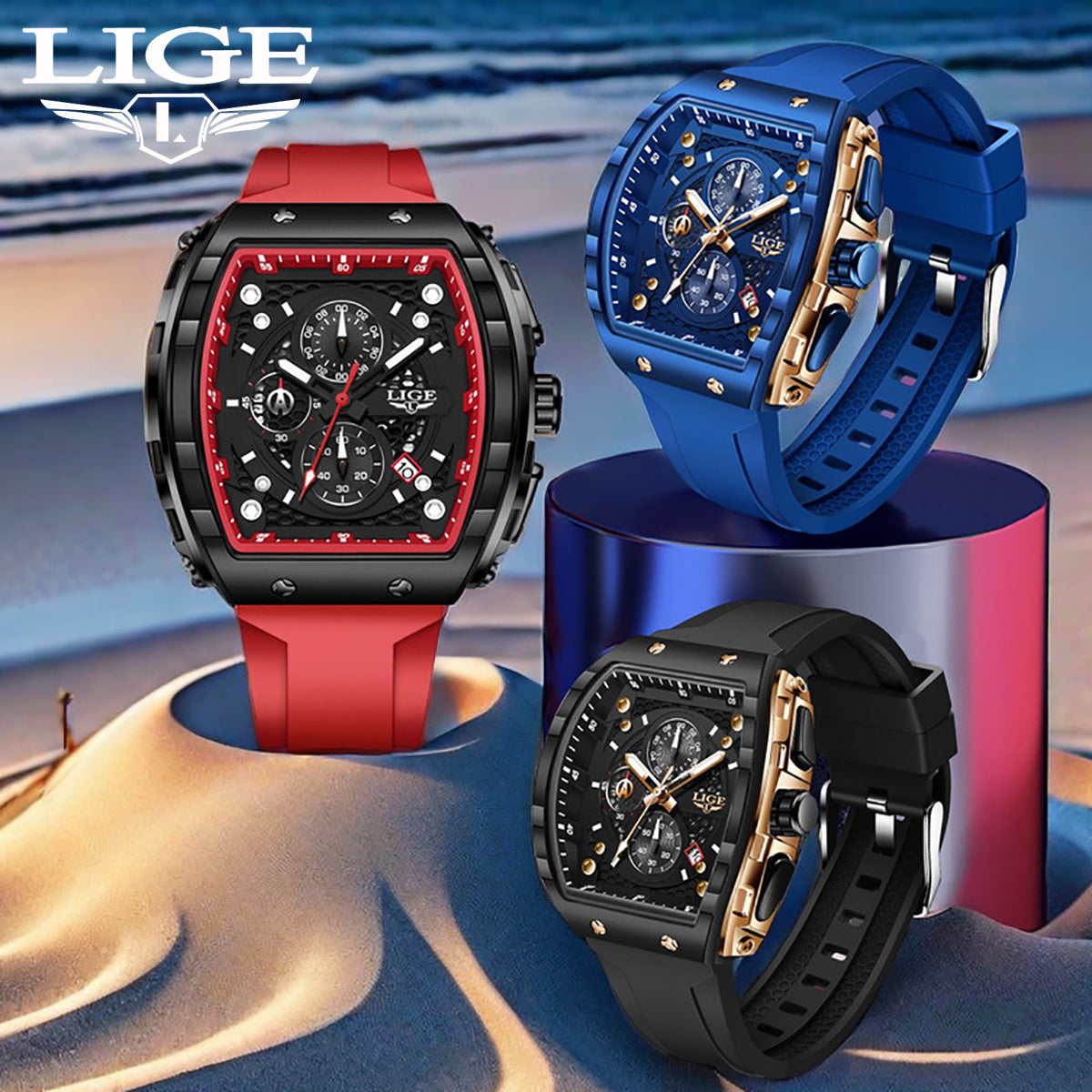 LIGE Luxury Sports Quartz Watch, Silicone Strap, Zinc Alloy Case for Men & Women