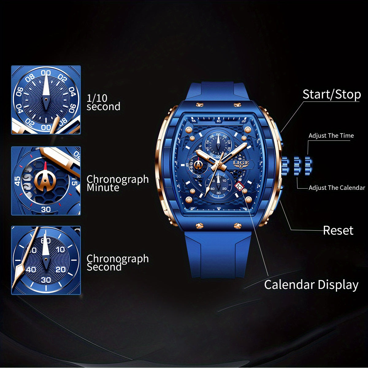 Stylish LIGE Women's Fashion Quartz Watch - Vibrant Blue Sports Timepiece with Practical Calendar, Stopwatch, and Luminous Display Features for Accurate Timekeeping