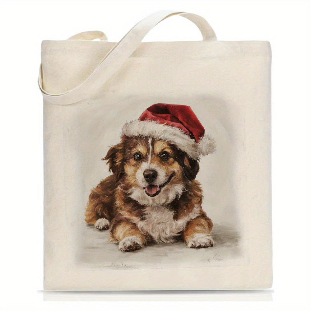 Women's Canvas Tote Bag, Christmas Hat for Puppy, Beautiful Shoulder Bag, Beach Bag - Reusable Large Shopping Bag - Christmas, Teacher, Mom Gift