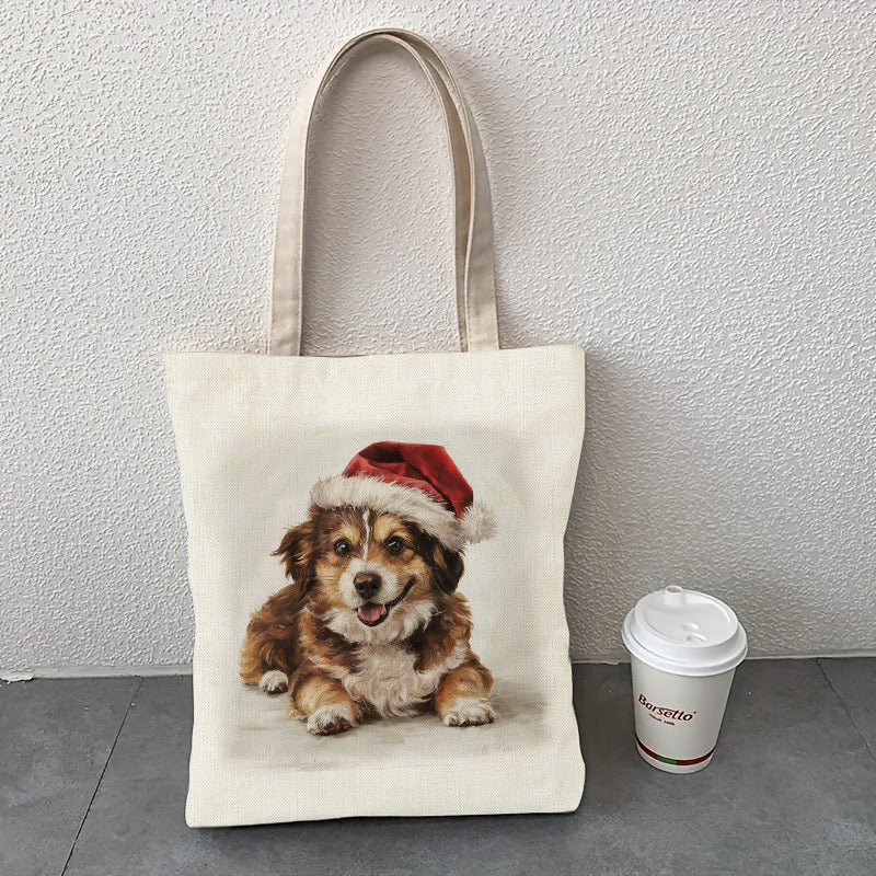 Women's Canvas Tote Bag, Christmas Hat for Puppy, Beautiful Shoulder Bag, Beach Bag - Reusable Large Shopping Bag - Christmas, Teacher, Mom Gift