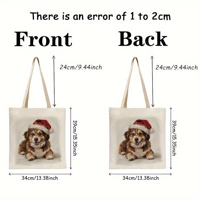 Women's Canvas Tote Bag, Christmas Hat for Puppy, Beautiful Shoulder Bag, Beach Bag - Reusable Large Shopping Bag - Christmas, Teacher, Mom Gift