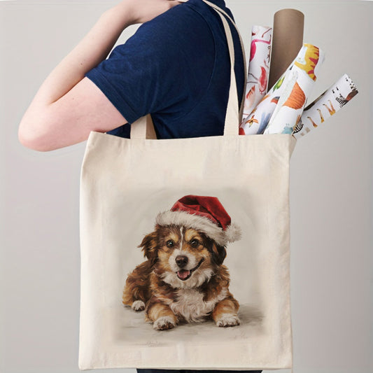 Women's Canvas Tote Bag, Christmas Hat for Puppy, Beautiful Shoulder Bag, Beach Bag - Reusable Large Shopping Bag - Christmas, Teacher, Mom Gift