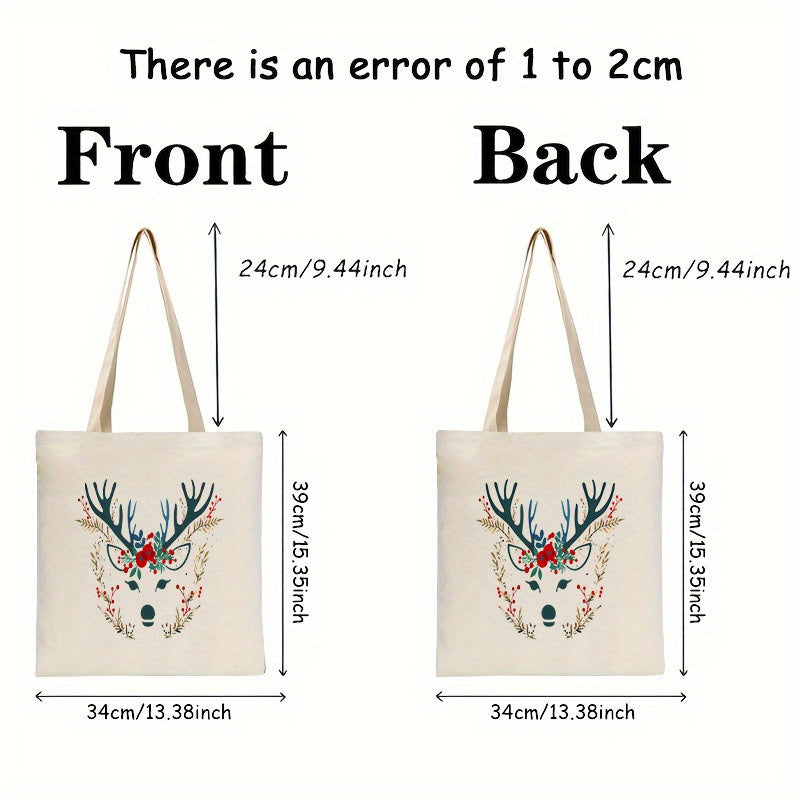 Christmas tote bag with elk pattern, double-sided printed tote bag, environmental protection shopping bag, large capacity fashion simple style durable canvas bag, suitable for outdoor picnic, party, t