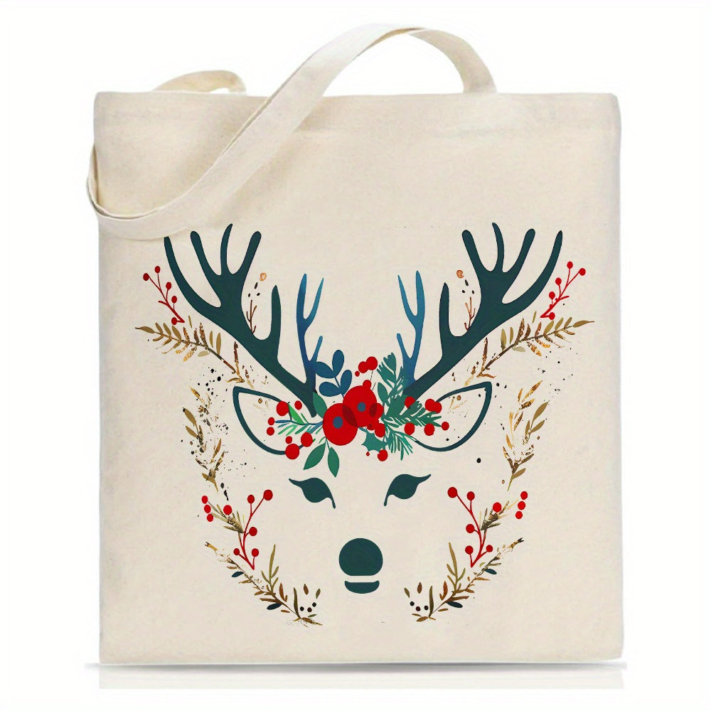 Christmas tote bag with elk pattern, double-sided printed tote bag, environmental protection shopping bag, large capacity fashion simple style durable canvas bag, suitable for outdoor picnic, party, t