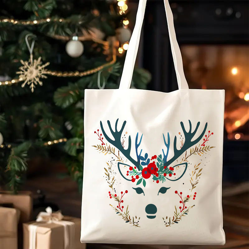 Christmas tote bag with elk pattern, double-sided printed tote bag, environmental protection shopping bag, large capacity fashion simple style durable canvas bag, suitable for outdoor picnic, party, t