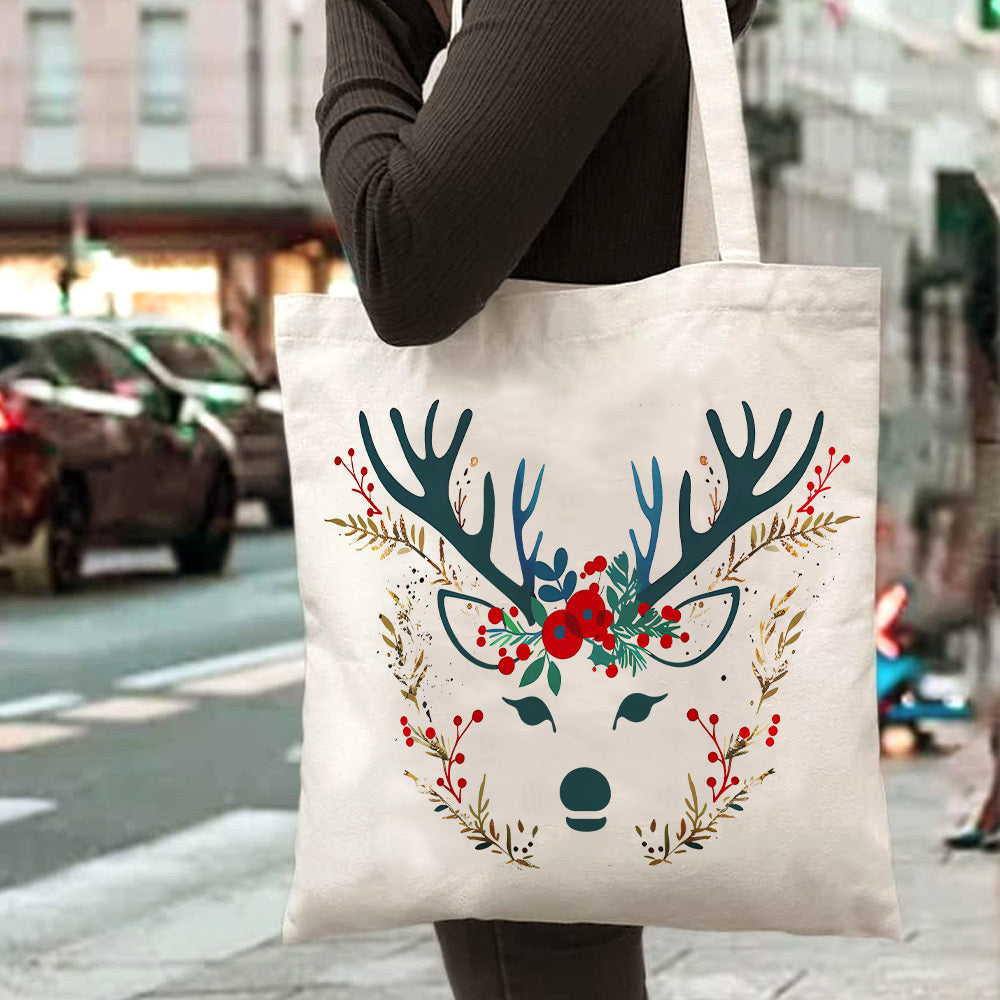 Christmas tote bag with elk pattern, double-sided printed tote bag, environmental protection shopping bag, large capacity fashion simple style durable canvas bag, suitable for outdoor picnic, party, t