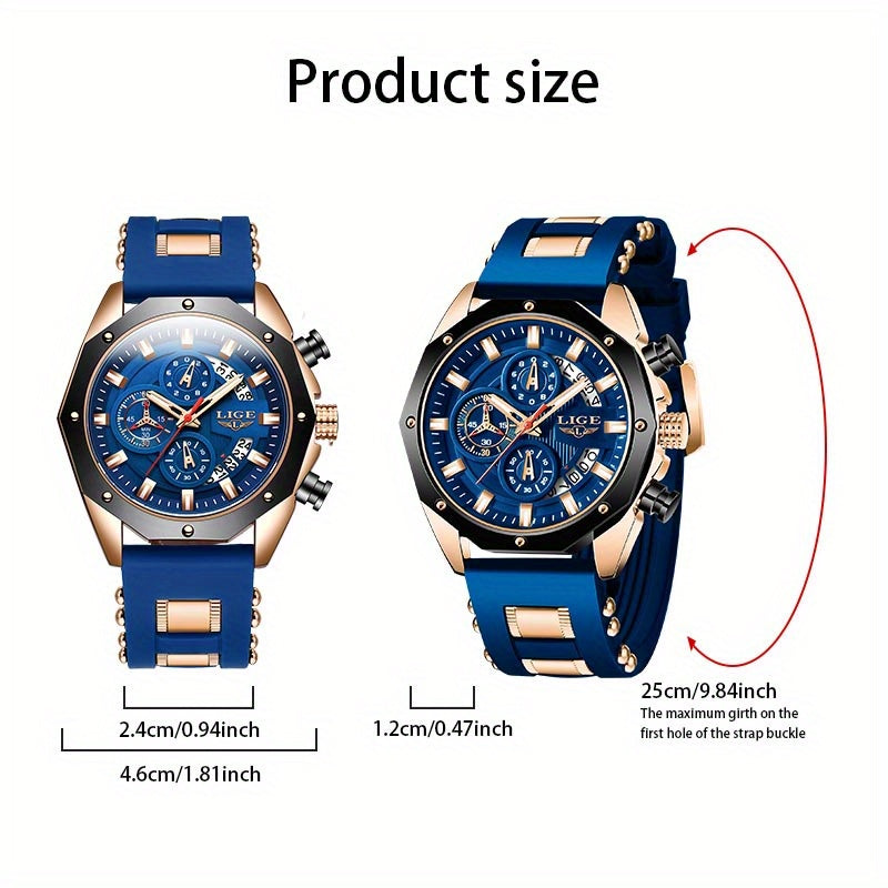 LIGE Men's & Women's Sports Chronograph Watch, Luxury Luminous Quartz Clock, Large Dial, Non-Rechargeable Battery, Zinc Alloy Case, Electronic Movement, Silicone Strap, Pointer Display, Fashionable Timepiece