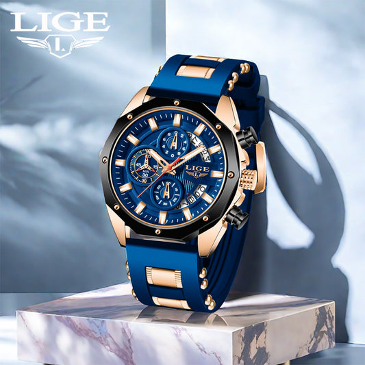 LIGE Men's & Women's Sports Chronograph Watch, Luxury Luminous Quartz Clock, Large Dial, Non-Rechargeable Battery, Zinc Alloy Case, Electronic Movement, Silicone Strap, Pointer Display, Fashionable Timepiece