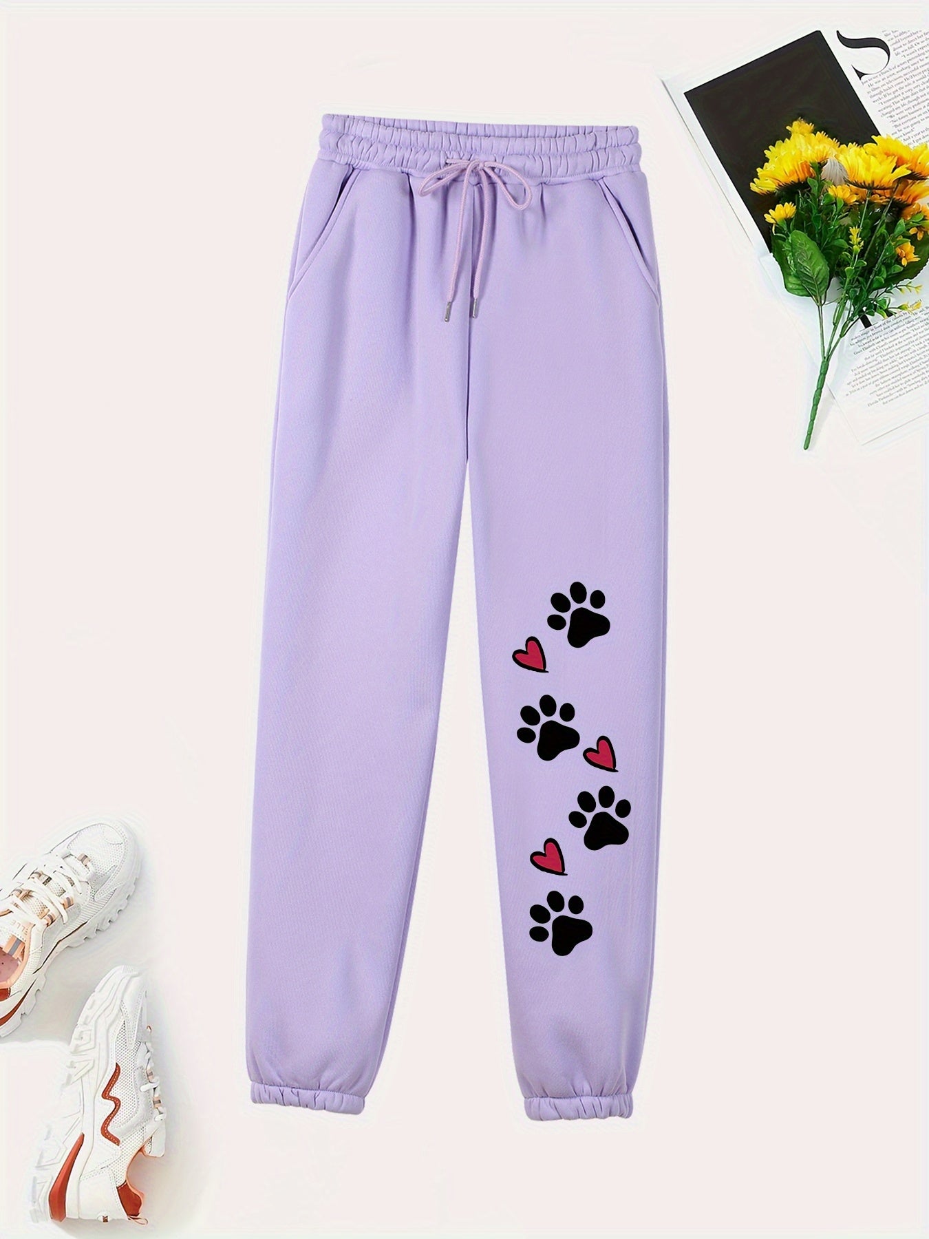 Women's Casual Sweatpants With Drawstring Waist, Stretch Cute Paw Print Comfort Joggers, Fashionable Athletic Pants For Everyday Wear