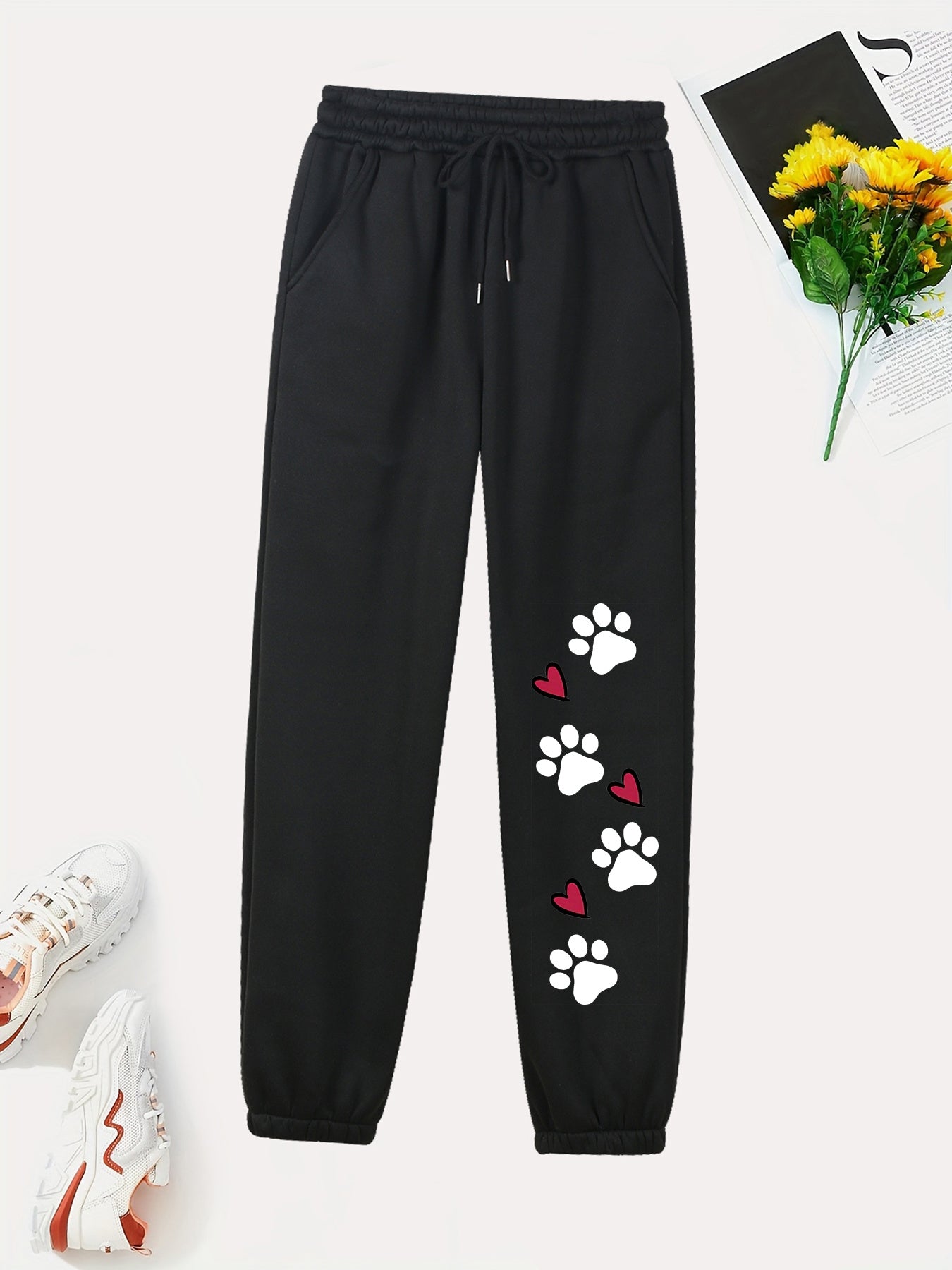 Women's Casual Sweatpants With Drawstring Waist, Stretch Cute Paw Print Comfort Joggers, Fashionable Athletic Pants For Everyday Wear