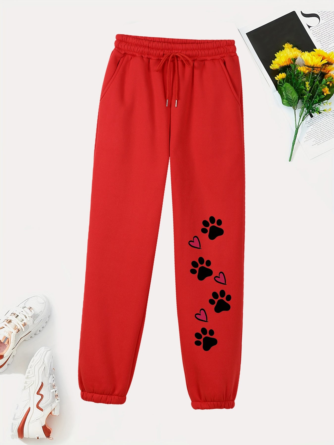 Women's Casual Sweatpants With Drawstring Waist, Stretch Cute Paw Print Comfort Joggers, Fashionable Athletic Pants For Everyday Wear